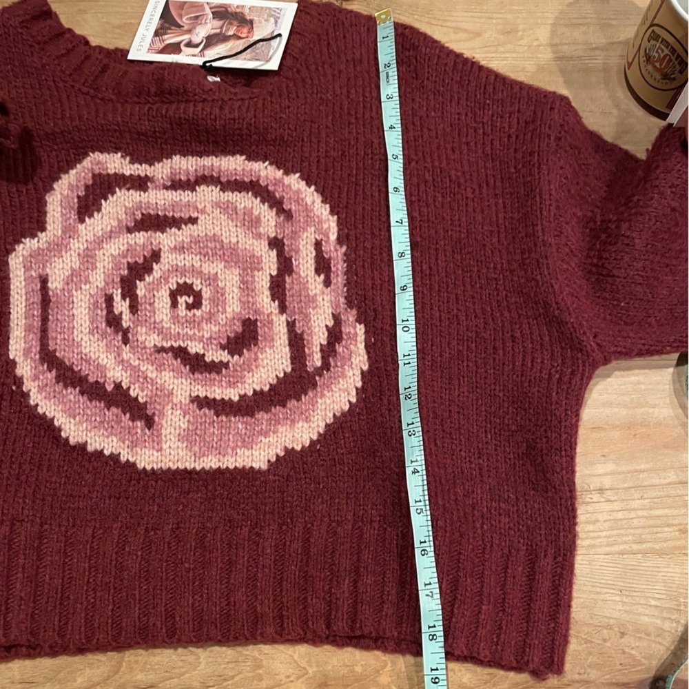 NWT Sincerly Jules Burgundy Pink Cream Crop Sweater Rosette Barrette Duo M - Picture 4 of 8